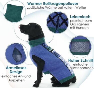 Пуловер для собак Katzinst з коміром-стойкою, з отвором для повідка | Легкий та теплий пуловер для великих собак, без рукавів, зимовий одяг для собак, зелений, 3XL, зелений (L, синій)