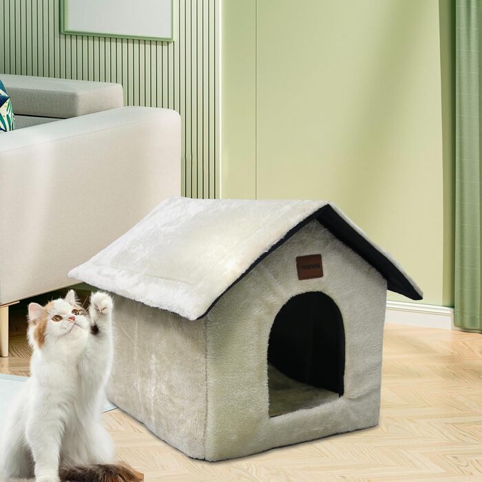 Whiwhi плюшевий будиночок для котів, котяче ліжко-ніша з м'якою подушкою, переносна хижка для кота з нековзким дном, тепла і затишна, 45x40x45 см, бежева