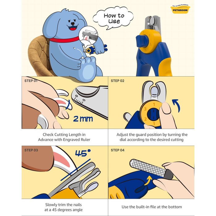 Професійний обрізач кігтів для собак PETHROOM з прозорим захистом та пилкою, регульована довжина зрізу, нержавіюча сталь, преміум-якість