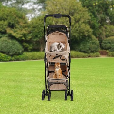 Транспортна візок для домашніх тварин 2-ярусний для собак та котів, складаний, з сітчастими вікнами, гальмом та сумкою для зберігання, стабільний каркас з вуглецевої сталі, до 40 кг, 95 * 60 см (Хакі)