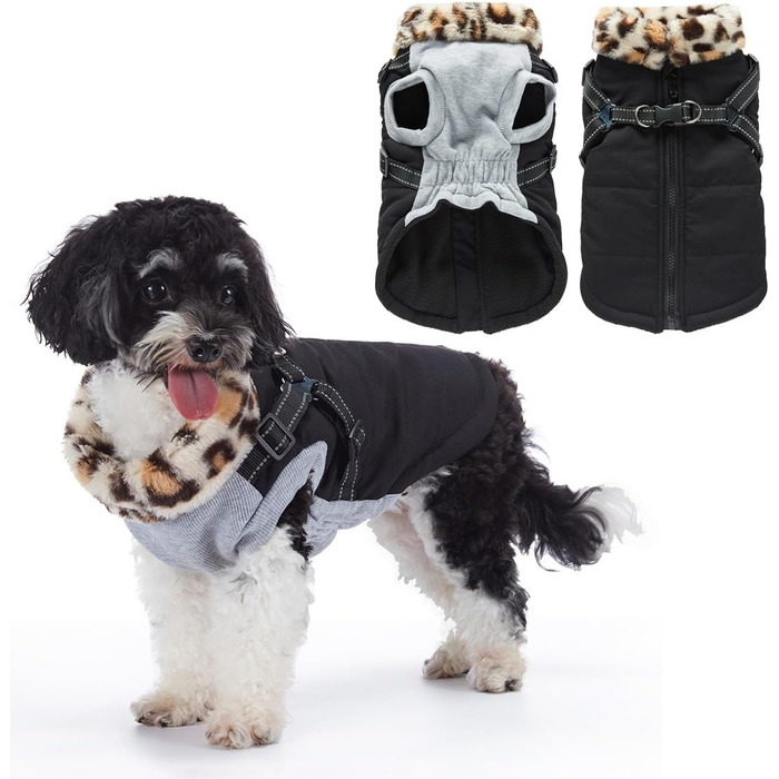 Зимова куртка для собак з інтегрованим шлейкою, водо- та вітронепроникна, теплий одяг для цуценят та собак середніх розмірів для активного відпочинку (ЧОРНИЙ, XXL)