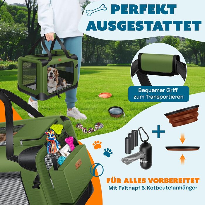 LOVPET® Транспортна переноска для собак та котів | XXL, Хакі | З мискою та плечовим ременем | Складана переноска для тварин