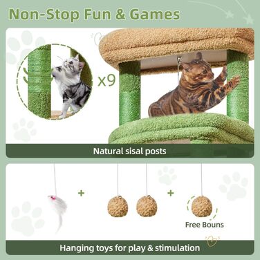 Когтеточка для котів Taoqimiao 180 см XXL, великий котячий комплекс для Maine Coon з будиночком, гамаком, великою платформою, 9 стійок для дряпання, кошиком, зелений