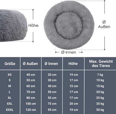 Кругле лежанка для собак та котів Juskys Monty 3XL, 120 см, сірий колір, м'яка, антиковзаюча, знімний чохол