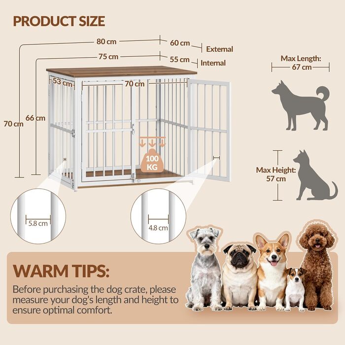 Будиночок для собак 100 см, дерев'яна клітка для дому з 3 дверцями (100x60x70 см), вінтажний коричнево-білий, для середніх та великих порід