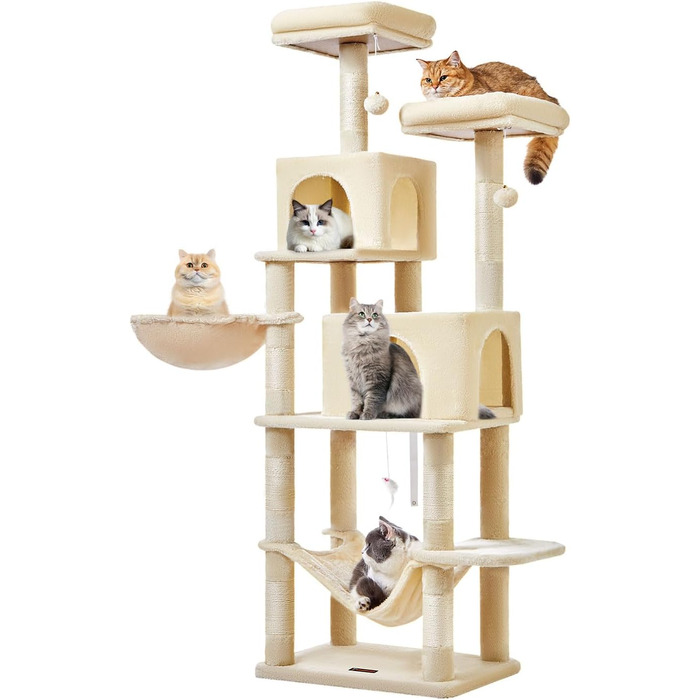 Декількаповерховий комплекс для котів Taoqimiao 170 см з будиночками, гамаком, корзиною та 8 стовпчиками для дряпання, MS013M, бежевий