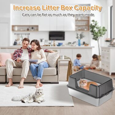 Відкрита котяча туалетна коробка з нержавіючої сталі 60x40x30 см з килимком і лопаткою, не вбирає запахи, для котів