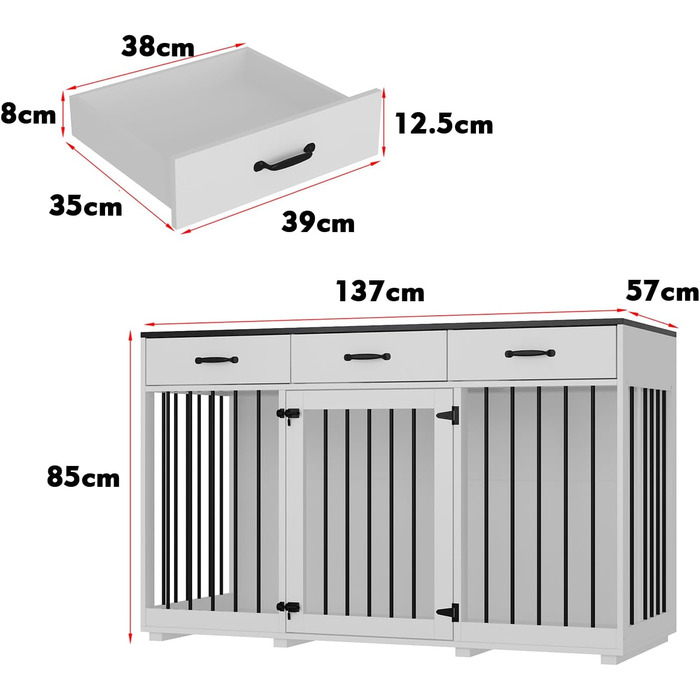 Клітка для собак для дому, металева, XXL, з шухлядами, 137 x 57 x 85 см, чорно-біла
