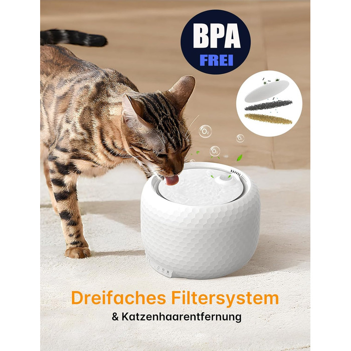 Водяний фонтанчик для котів, 1.8L, з тихим насосом та фільтром з активованого вугілля