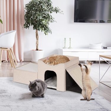 Будиночок для котів Relaxdays, складаний, 3 спальні місця, з поверхнею для дряпання, 36,5x112x41 см, бежевий