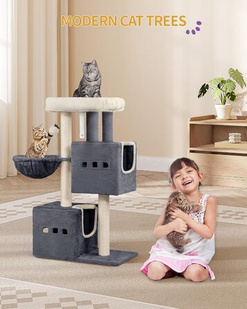 Дерево для котів Hzuaneri, 98 см, зі стійкою конструкцією, великою лежанкою, котячою печерою, сизалевими стовпчиками, кошиком та іграшками, сірий колір MS10018SG