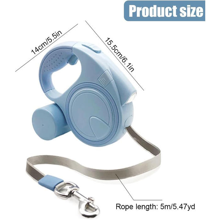 Висувна поводок для собак з LED, зручний руків'я, тримач для відходів, для собак до 25 кг, блакитний