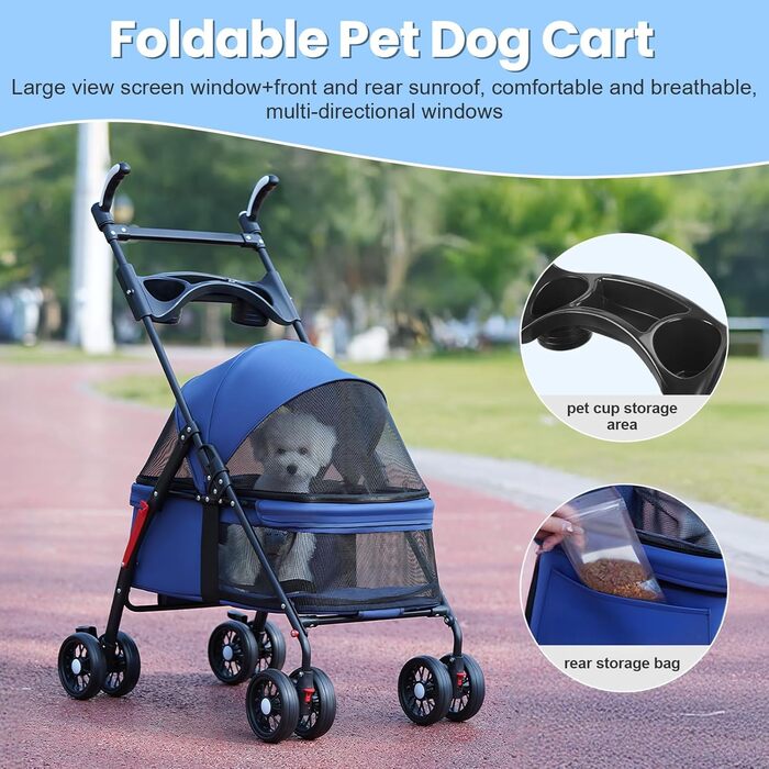 Легкий та складаний переносний візок для собак, блакитний. З сонцезахистом, гальмами та місцем для зберігання (до 10 кг)