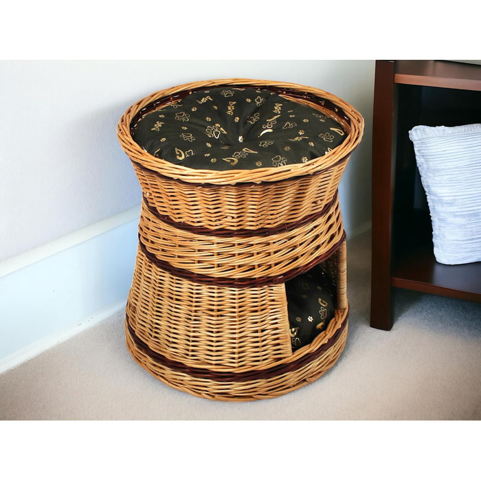 Кігтеточка-лежанка для котів та собак: кругла, з прутиків верби, 2 поверхи, з подушкою (47x47x45 см)