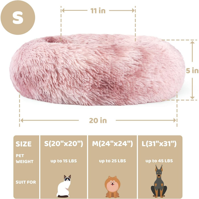 Крісло-лежанка для собак та котів Fuzzy Donut, рожеве, 50.8 x 50.8 см, з плюшем, заспокоює, для здорового сну