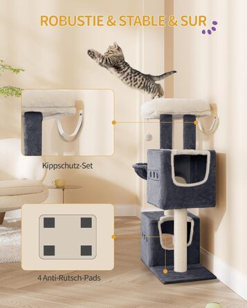 Дерево для котів Hzuaneri, 98 см, зі стійкою конструкцією, великою лежанкою, котячою печерою, сизалевими стовпчиками, кошиком та іграшками, сірий колір MS10018SG