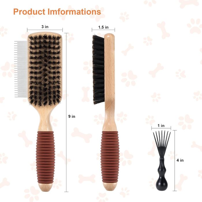 Двостороння щітка для собак та котів з щетиною кабана та пензлем, для догляду за шерстю, підходить для короткошерстих порід, з дерев'яною ручкою з гумовим покриттям