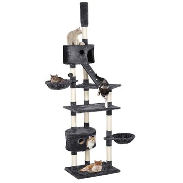 Котячий комплекс Yaheetech XXL з 2 будиночками та кошиком для кота, дряпальня з сизалю, регульована висота 228-255 см, темно-сірий