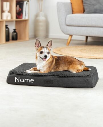Ортопедичне ліжко для собак Lionto, 112x81x8 см, міцне, з м'яким плюшем, знімний та пральний чохол, водовідштовхувальне, для собак та котів, з нанесенням імені (60x40x8 см, чорне)