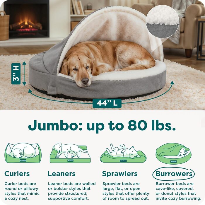 Ортопедичне ліжко для собак Furhaven великих порід, кругле, знімний та пральний чохол, до 36,3 кг, Sherpa & Wildleder Snuggery, сірий, 111,8 см, 112 x 112 x 8 см, з ортопедичної піни