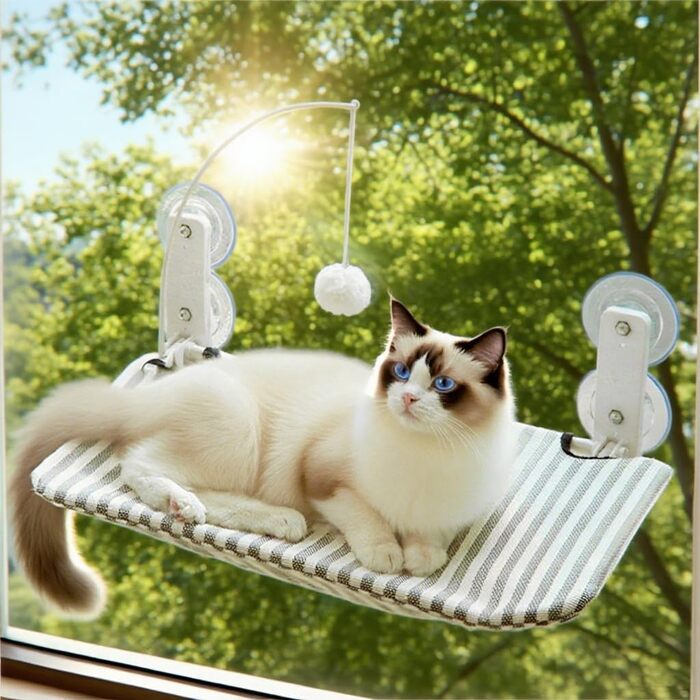 Кішка ліжко на вікно BnbnPup: гамак для котів з міцними присосками до 18 кг, знімний та перевертаний чохол, складна та стабільна конструкція (смужки, L)
