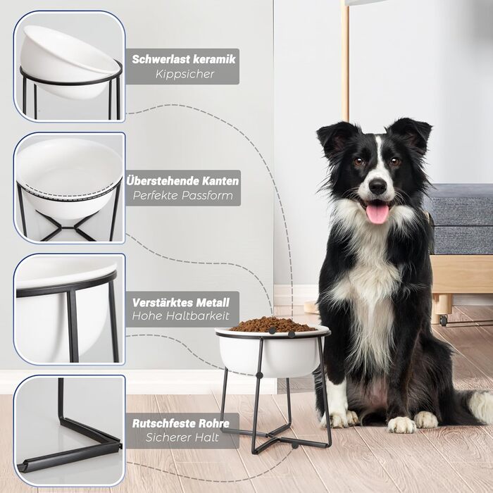 Підвищений керамічний миска для собак з металевим обідком - годівниця для котів та маленьких собак. Біла матова (XL)