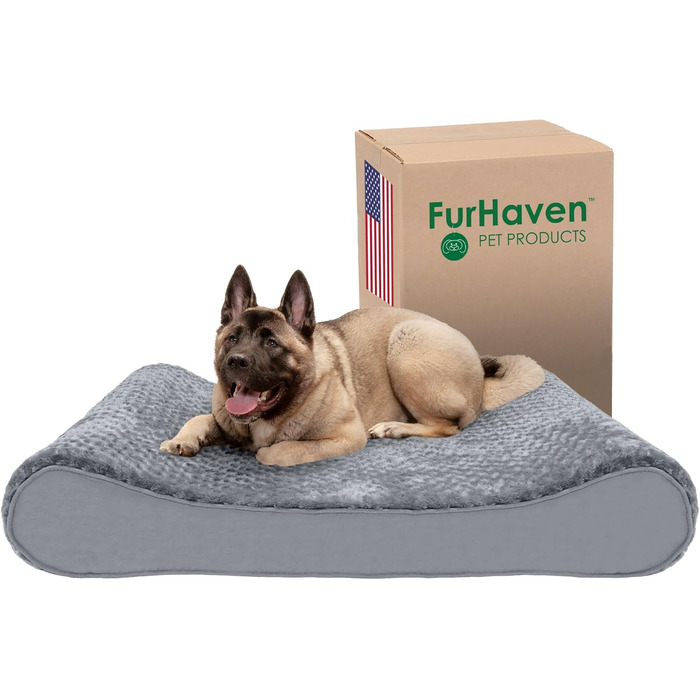 Ліжко для собак Furhaven XXL з піною з пам'яті, ультра-плюшеве штучне хутро та замша, розкішне місце для відпочинку знімний, пральний чохол – сірий, Jumbo Plus (XXL)