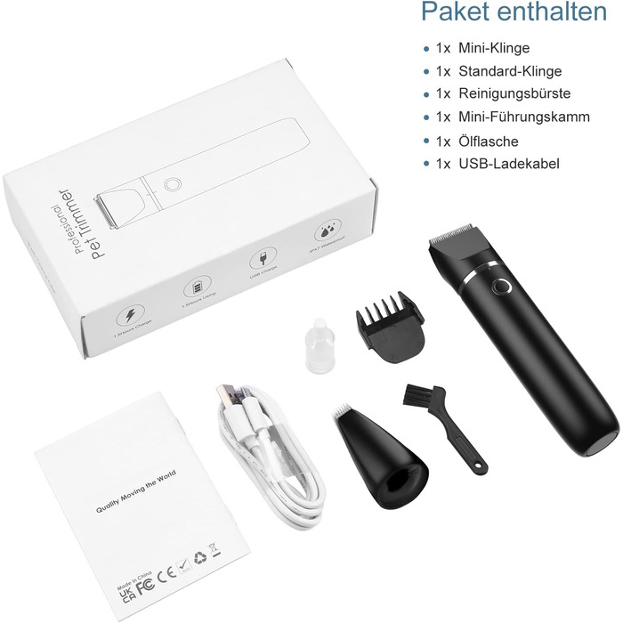 Триммер для обрізки кігтів собак з керамічним лезом - IPX7, USB, безпечний, тихий, чорний