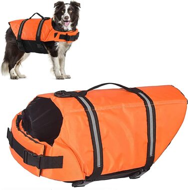 Жилет для плавання собак HOTGOL, регульований, з світловідбиваючими смугами, для собак маленьких, середніх та великих розмірів (помаранчевий, XL)