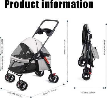 Візок для тварин для маленьких собак та котів, складаний, сірий, з поворотними колесами та регульованим капюшоном