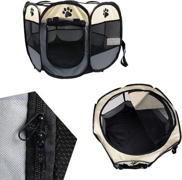 Переносний розкладний вольєр для тварин Coolty, 8-панельний, для собак, котів, кроликів та дрібних тварин, 91 x 91 x 58 см (Бежевий + Сірий)
