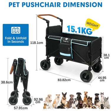 Сучасний візок для собак великих порід Snagle Paw з багажником, рампою та зручним ручним гальмом, чорно-синій