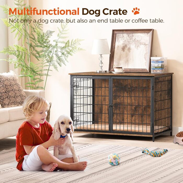 Клітка для собак, 100 см, з подушкою, 2 двері, дерев'яний каркас, для собак маленьких, середніх та великих порід, для дому, білий ADCBW10701, білий (100 x 60 x 70 см, коричневий)