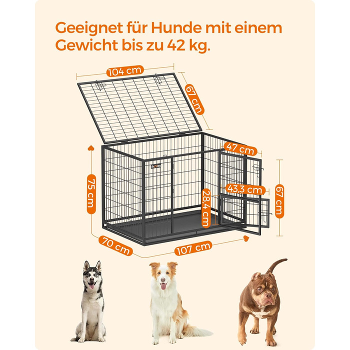 Клітка для тварин Feandrea, міцна, переносна, 107 x 70 x 75 см, для великих тварин, з 2 дверцятами, XL, чорна