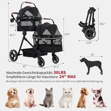 Візок для собак Zstar: двомісний, чорний, складний, з сумками для тварин (до 15 кг кожна)