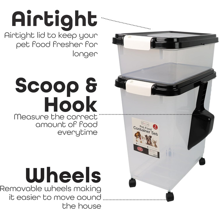 DIVCHI Контейнер для зберігання корму для тварин 3 шт. з мірною ложкою, для собак, котів, чорний