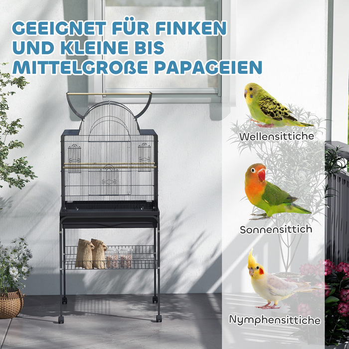 PawHut Birdcage Велика клітка для папуги з піддоном, лоток, станція для годування, шпаківня з коліщатками для канарок, сталь 63 x 53 x 144 см Чорний | Аосом
