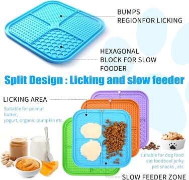 Лизальна мат для собак Slow Feeder, преміум якість, з присосками для зниження стресу, набір 4 шт (зелена, синя, оранжева, фіолетова), для купання, догляду за шерстю та дресирування