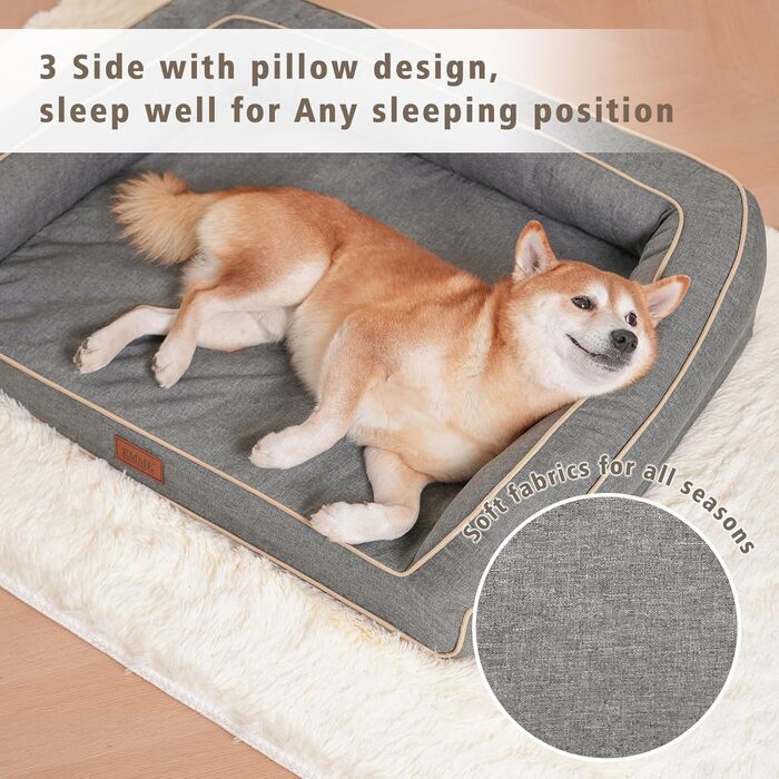 Ортопедичне ліжко для собак EMME, 68.6x50.8x17.8 см, водовідштовхувальне, з матрацом з піною з ефектом пам'яті, знімний, пральний чохол, сіре