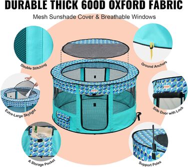 Вольєр для цуценят VEVOR розкладний, 812 x 609 x 558 мм, з мискою, 600D Oxford, для собак та інших тварин, блакитний