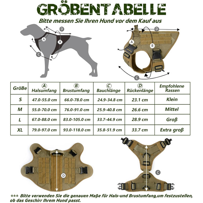 Шлейка для собак Rabbitgoo великих порід, без натягу, тактична з MOLLE, металеві пряжки, дихаюча, військова, регульована, з підкладкою, L (XL, 1 шт.), коричнева