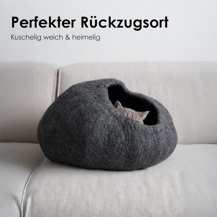 Преміум котяча печера LucyBalu® з фетру | Натуральне котяче ліжко з 100% пухкої вовни | Фетрова печера для котів ручної роботи в Непалі | Затишна котяча печера | 45x45x28 см | Білий