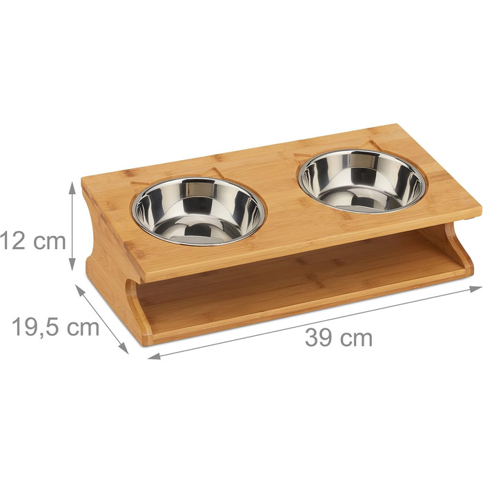 Підставка для корму Relaxdays для котів та маленьких собак, 2 миски по 300 мл, піднята, бамбук та нержавіюча сталь, 12x39x19,5 см, натуральний колір/срібло