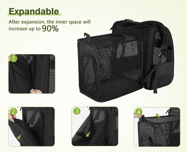 Pecute Сумка-переноска для собак та котів з сіткою, розширювана, чорна (до 6 кг)