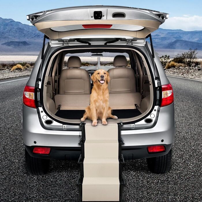 Сходинки для собак - 4 сходинки, портативна рамка для собак у машину, диван або ліжко, антиковзаюча, вантажопідйомність до 75 кг (Бежевий)