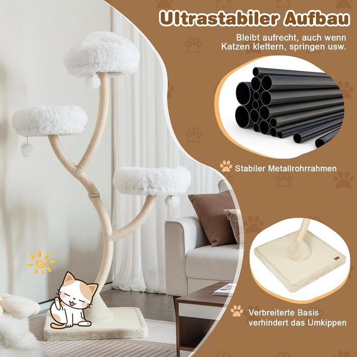 Кігтеточка GOPLUS 178 см з 3 лежаками, м'ячиками та сизалевими стовпчиками для котів та кошенят (Бежева)