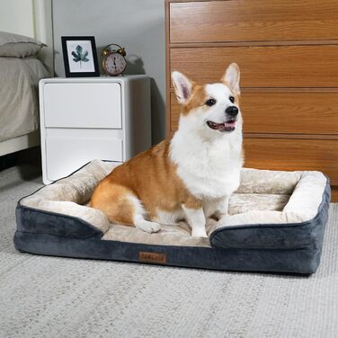 Ортопедичне ліжко для собак BELLA & PAL, 71x59 см. Зручне ліжко-софа для маленьких та середніх собак. Без монтажу, з ефектом пам'яті, водовідштовхувальна вставка, фланелевий знімний чохол, неслизьке дно. (L 91.5 x W 68.5 x H 16.5, Сірий)