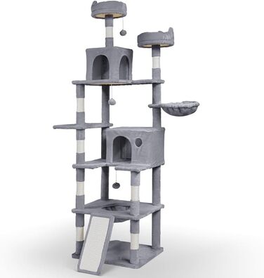 Двоповерховий котячий будиночок Vounot XXL (215 см), стійкий котячий комплекс з гамаком, корзиною та шматочками для дряпання, сірий