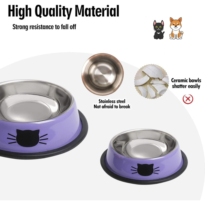 Набори мисок для котячого корму та води, нержавіюча сталь, з гумовим дном, фіолетовий, 2 шт.