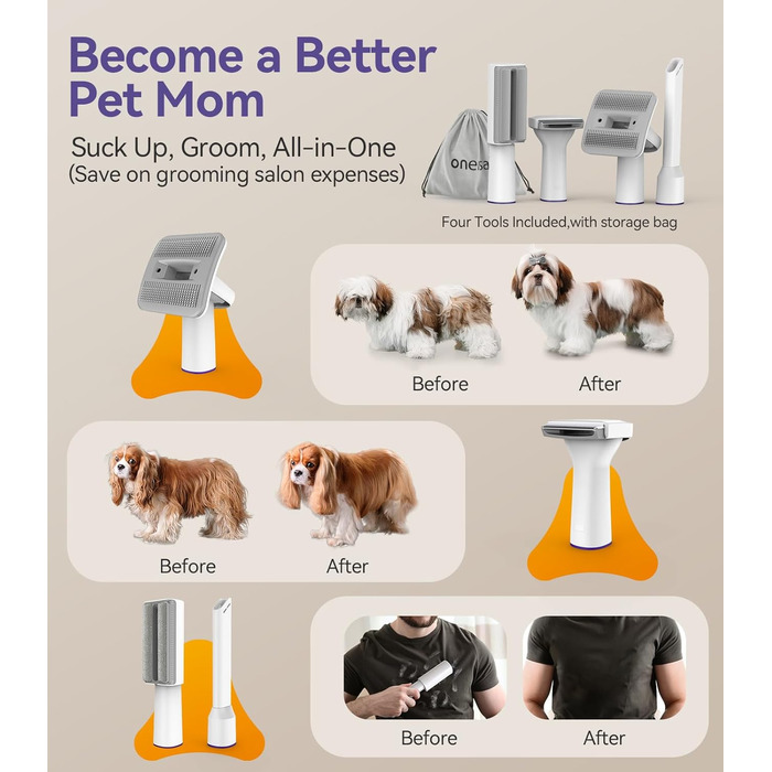 Пилголом для собак Oneisall з щіткою, потужність 12000Pa, видалення шерсті тварин, 4 насадки, об'єм 1.5л, фіолетовий